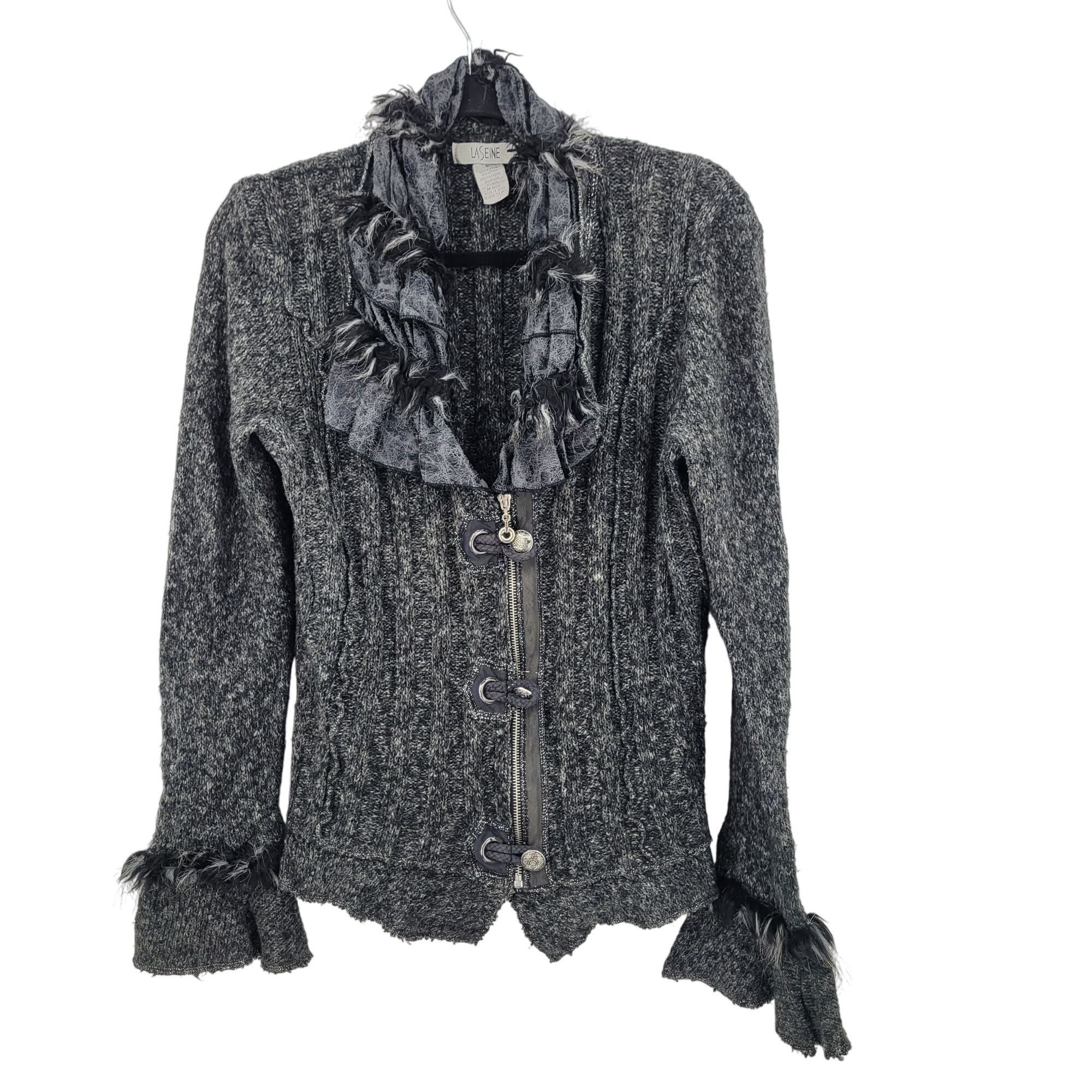 Vintage Vtg 90s Gothic Ruffled Knit Cardigan Sweater Sz L Faux Fur T Size L / US 10 / IT 46 - 11 Thumbnail