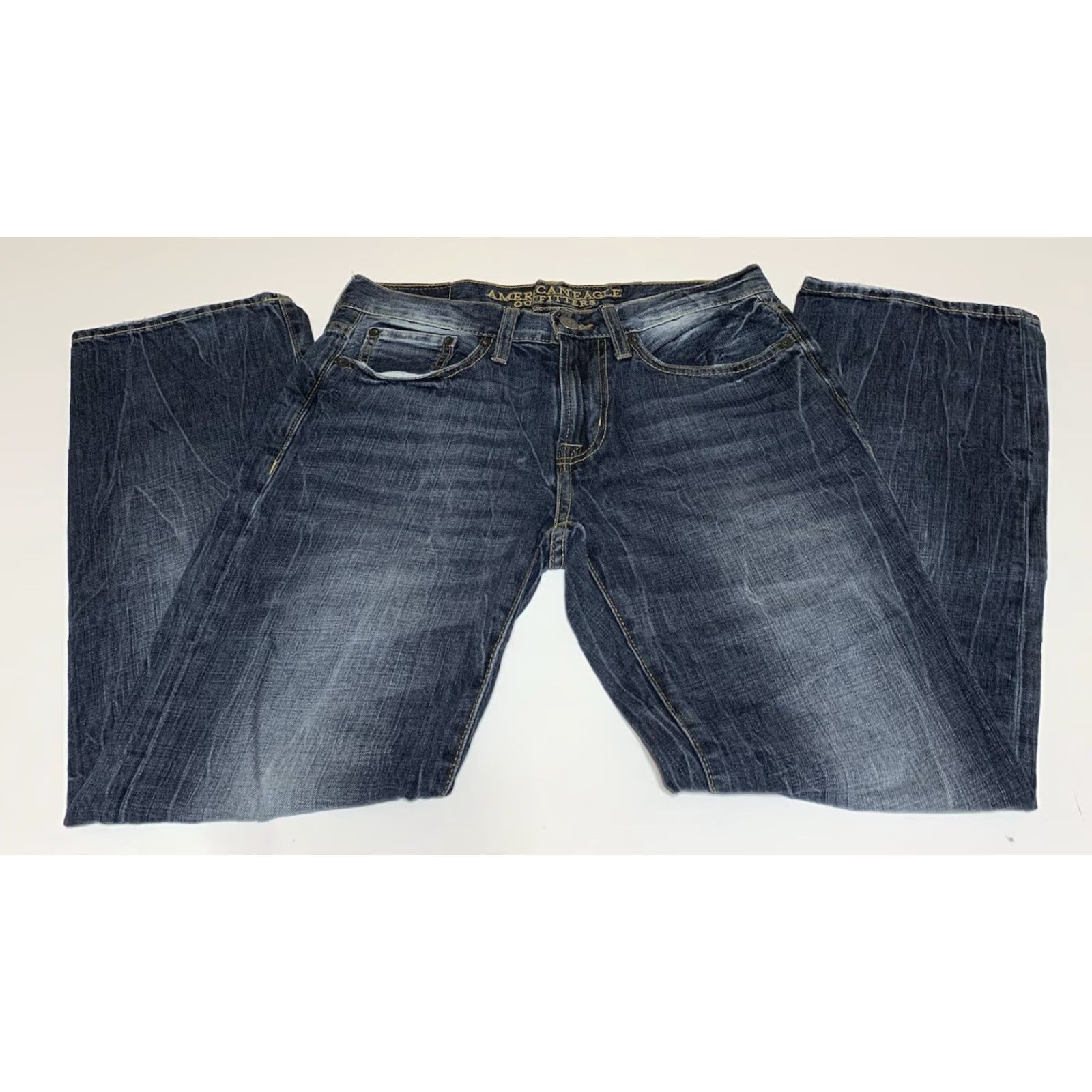 American Eagle Outfitters VINTAGE American Eagle Original Straight Jeans Mens 30x29 Blue Denim Cotton Fade Lines Whiskers Size US 30 / EU 46 - 2 Thumbnail