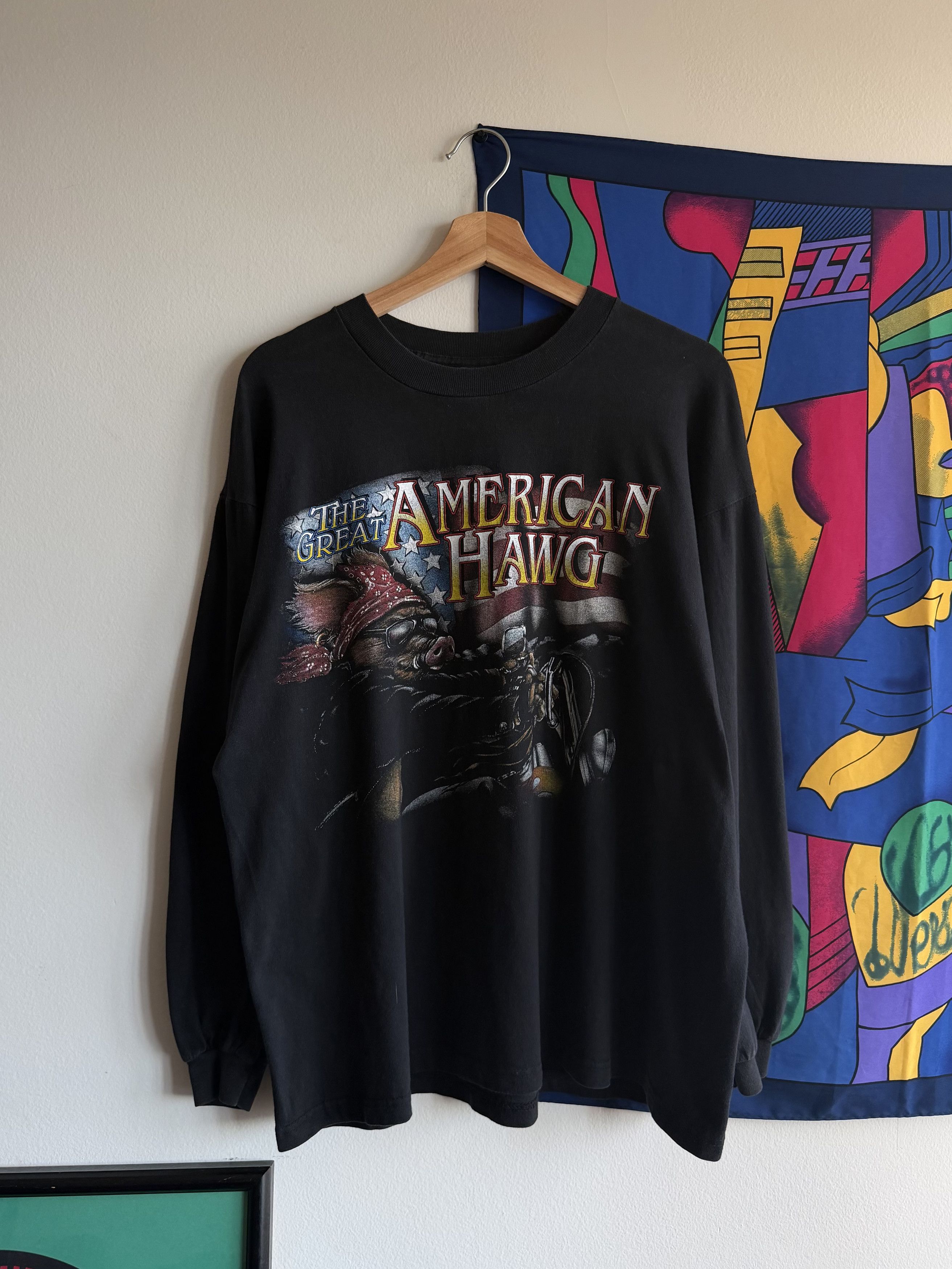 Vintage American Hawg 3D Emblem Style Long Sleeve Biker Tee