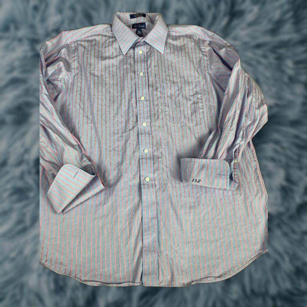 Vintage Paul Fredrick Dress Shirt Mens 17-34 Blue Pink Stripes Size 46R - 1 Thumbnail