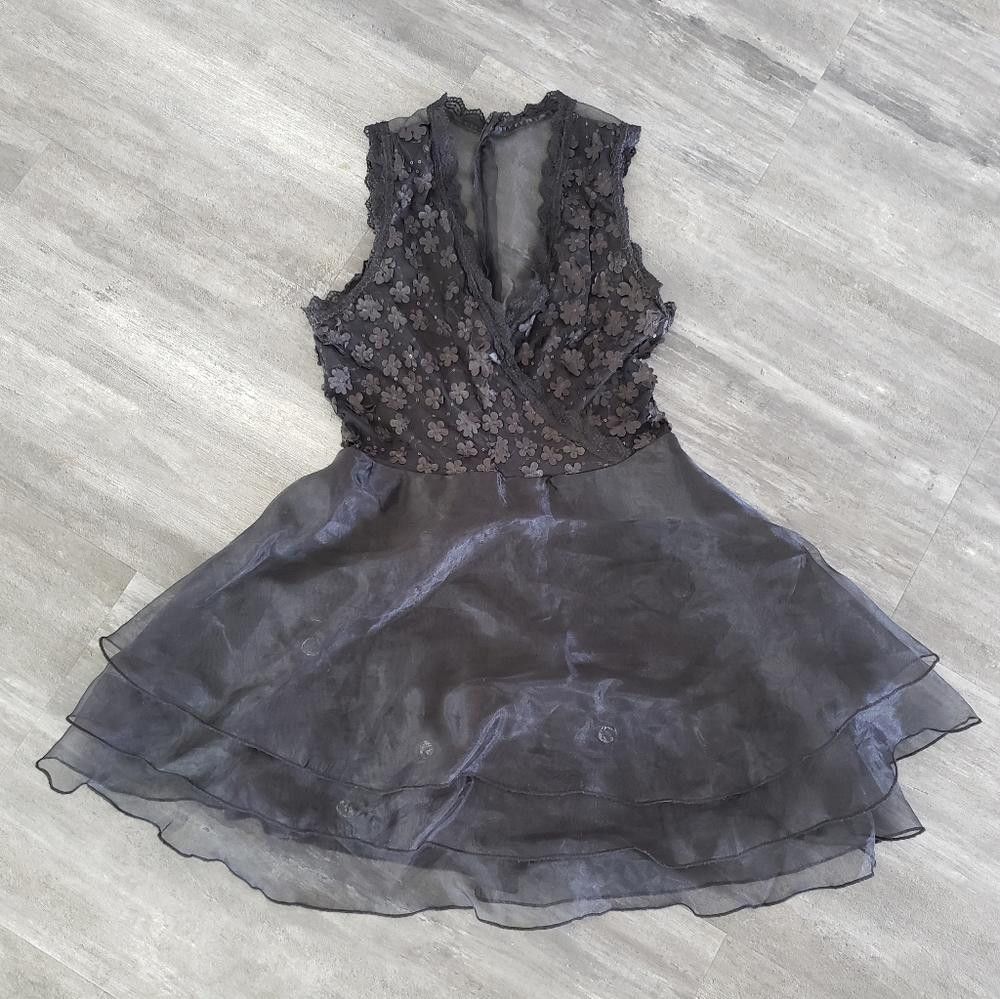 Designer Black Floral Detailed Dressy Tulle Mini Size M / US 6-8 / IT 42-44 - 1 Thumbnail