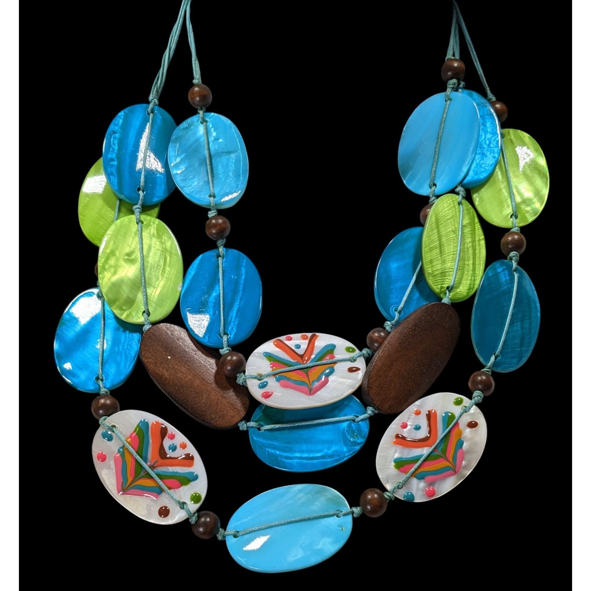 Other Vintage Boho Necklace W/ Blue Green & Hand-Painted Shell Bea Size ONE SIZE - 2 Thumbnail