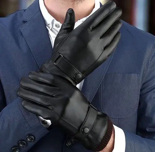 Japanese Brand Men Gloves Black Pu Leather Winter Mittens Size ONE SIZE - 1 Thumbnail