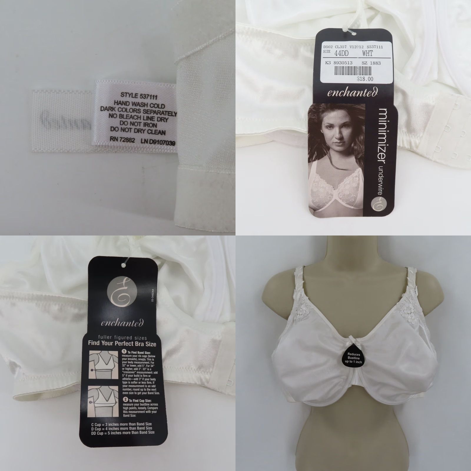 Vintage Enchanted Bra 44DD Minimizer Underwire Unlined White 537111 Size ONE SIZE - 10 Thumbnail