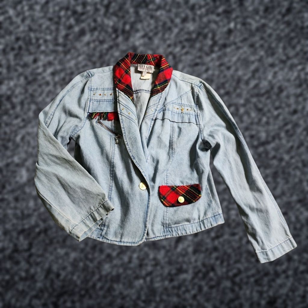Denime VINTAGE City Girl Jacket Womens Size 10 Blue Plaid Denim 90s Size 32" / US 10 / IT 46 - 1 Thumbnail