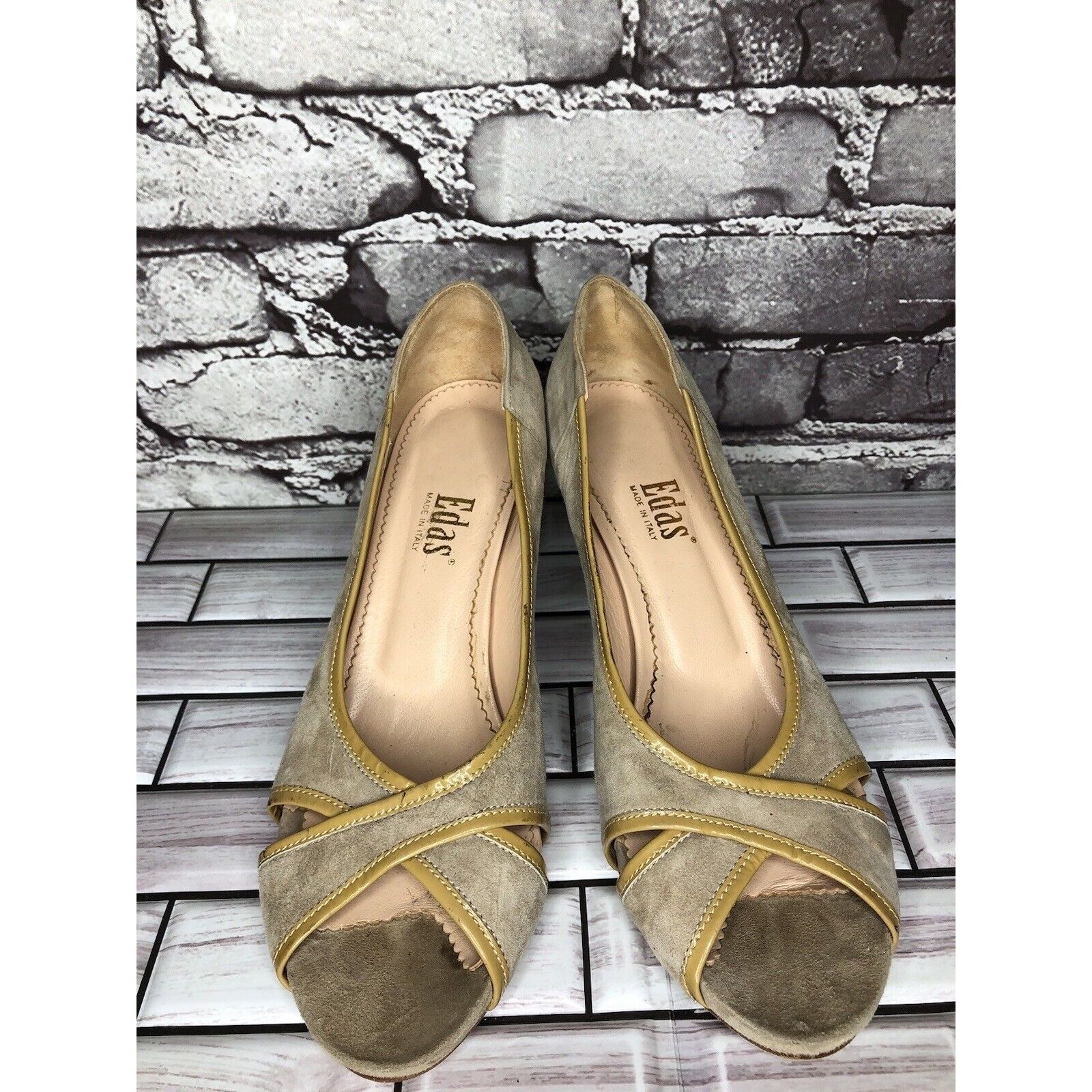 Other Edas Beige Suede Leather Patent Lining Peep Toe Dress Heels Size US 10 / IT 40 - 17 Thumbnail