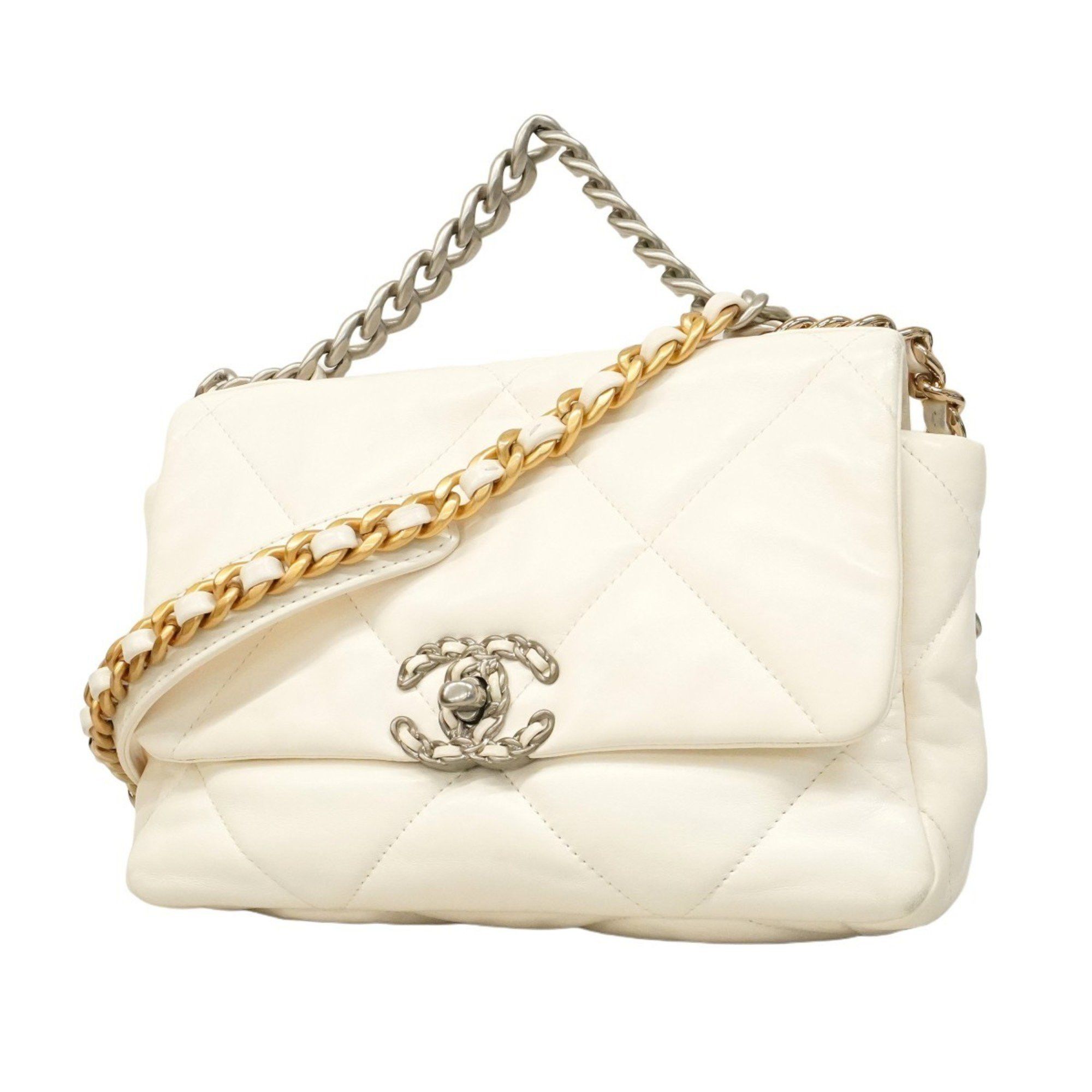 Chanel Shoulder Bag 19 Lambskin White Gold Women's