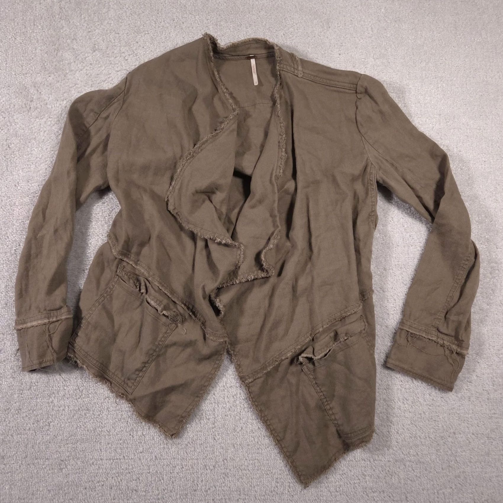 Free People Free People Jacket Womens Small Brown Linen Rayon Open Front Raw Hem Bohemian Lightweight Casual Pockets Size S / US 4 / IT 40 - 2 Thumbnail
