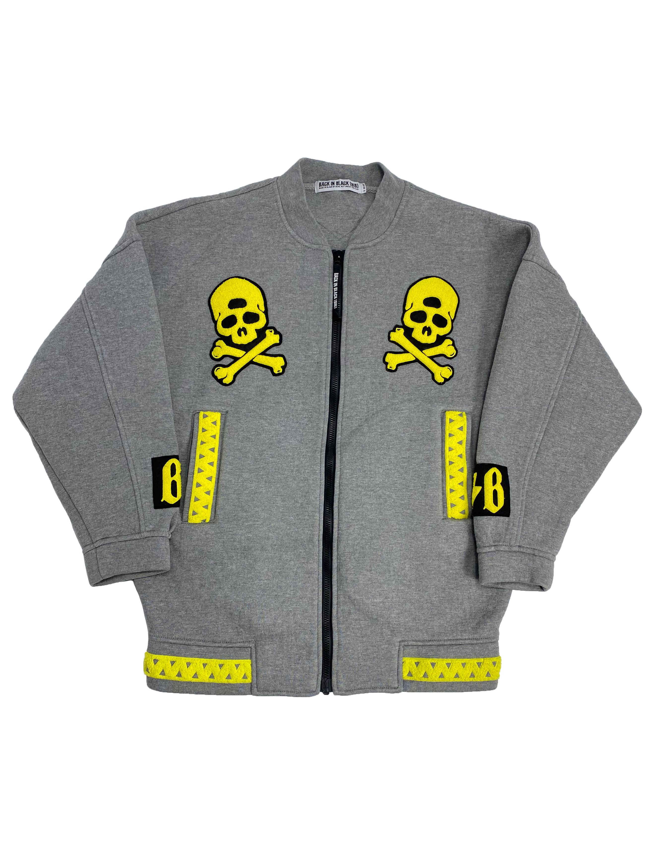 image of Skulls Back In Black By Devil Nut Patch Oversized Bomber Jacket in Grey, Men's (Size Small)