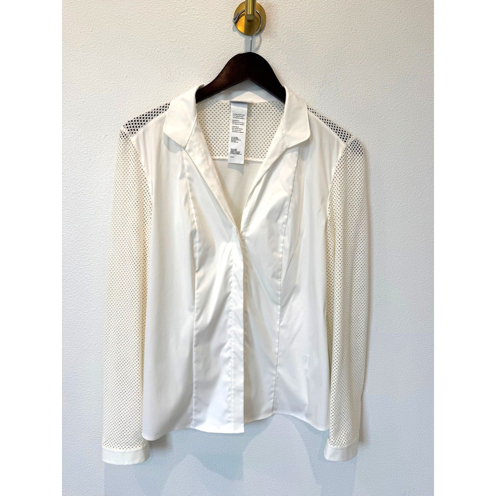 Akris Akris Punto White V-Neck Mesh Sleeve Button-Up Blouse Size L / US 10 / IT 46 - 10 Thumbnail