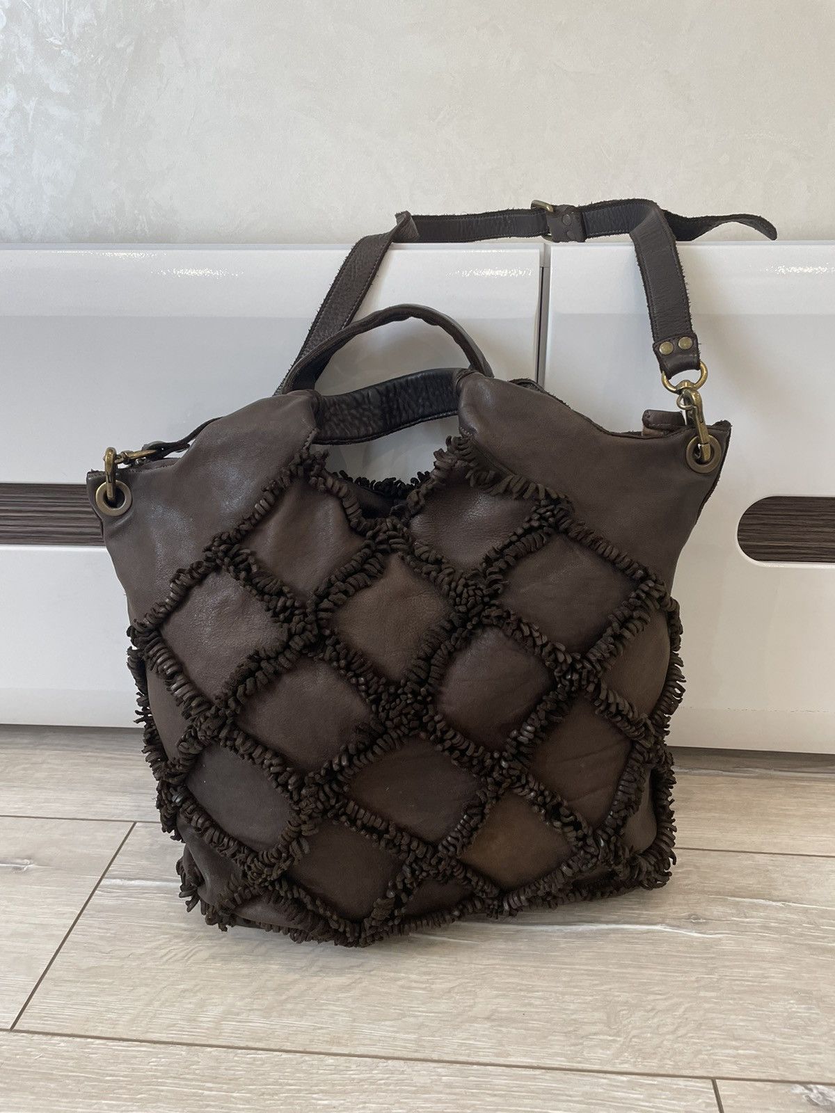 Leather × Vintage Errelleventidue Large Brown Fringed Made In Italy Size ONE SIZE - 1 Thumbnail