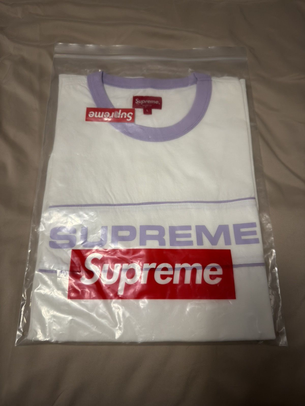 Supreme Team Ringer Tee Top SS18 White Purple Large