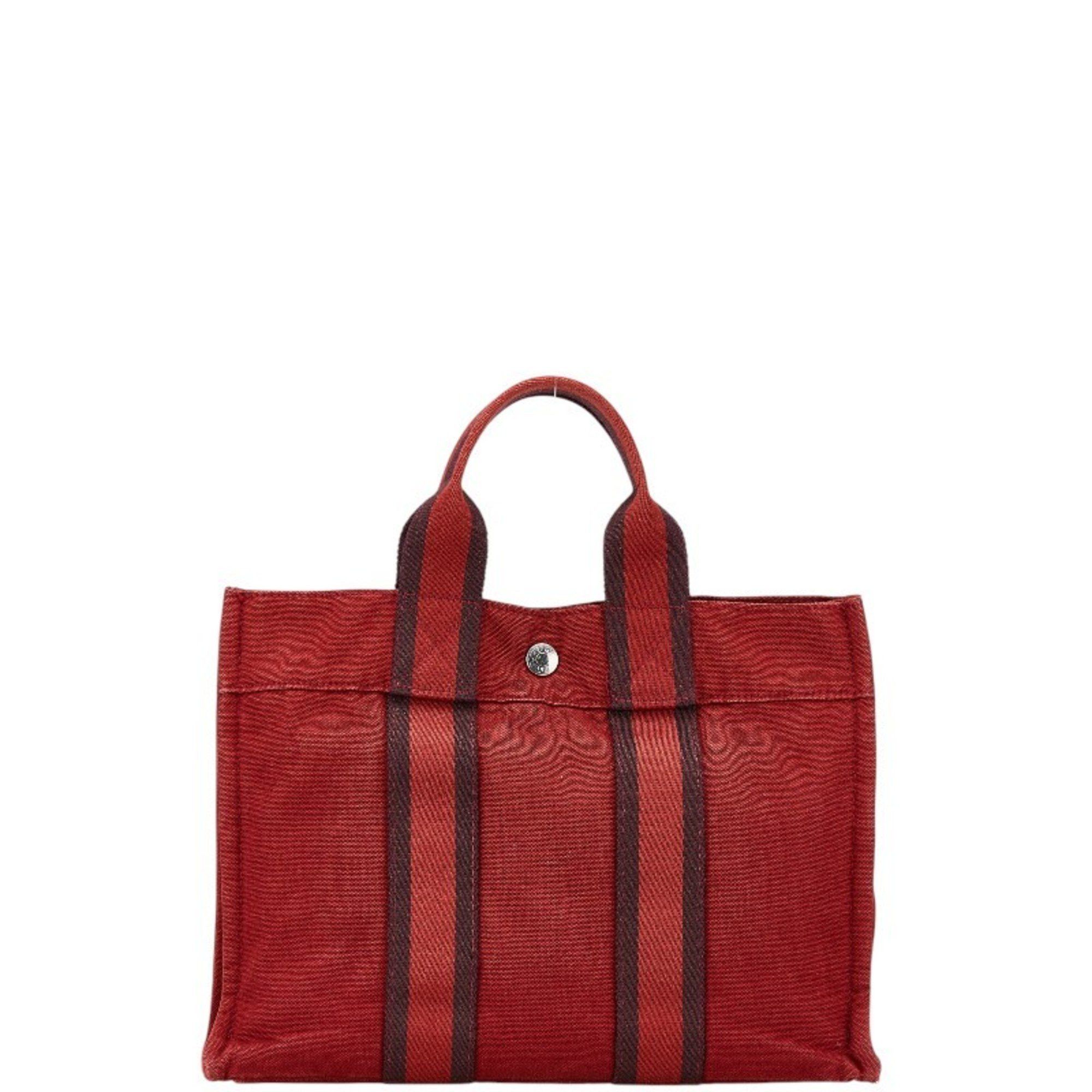 Hermes Foult Tote Pm Handbag Bag Red Wine Canvas Women's Hermes
