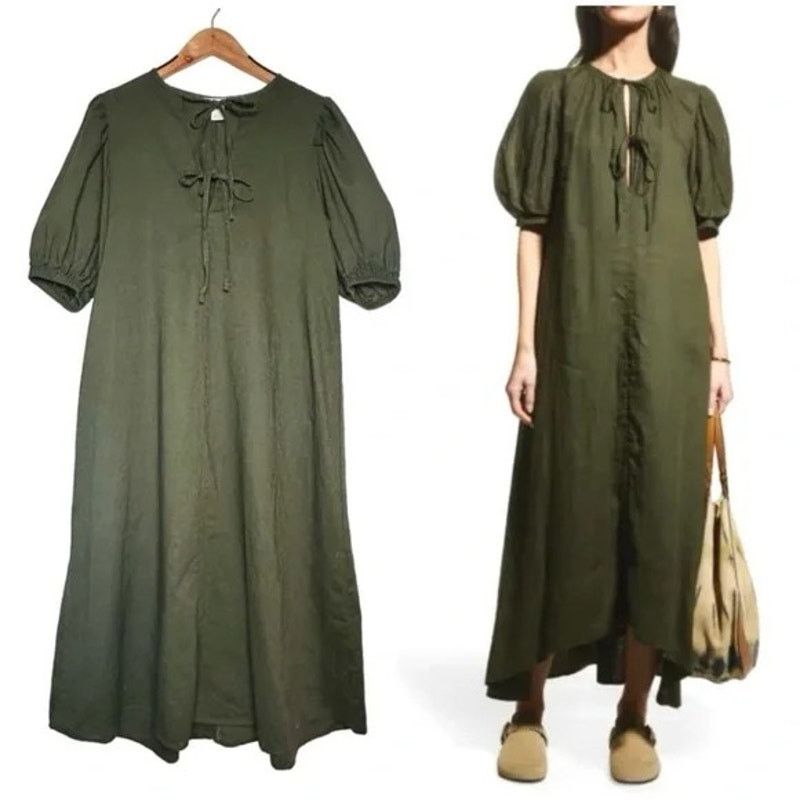 H&M H&M Olive Linen Blend Puff Sleeve Dress | Front Ties Size S / US 4 / IT 40 - 4 Thumbnail