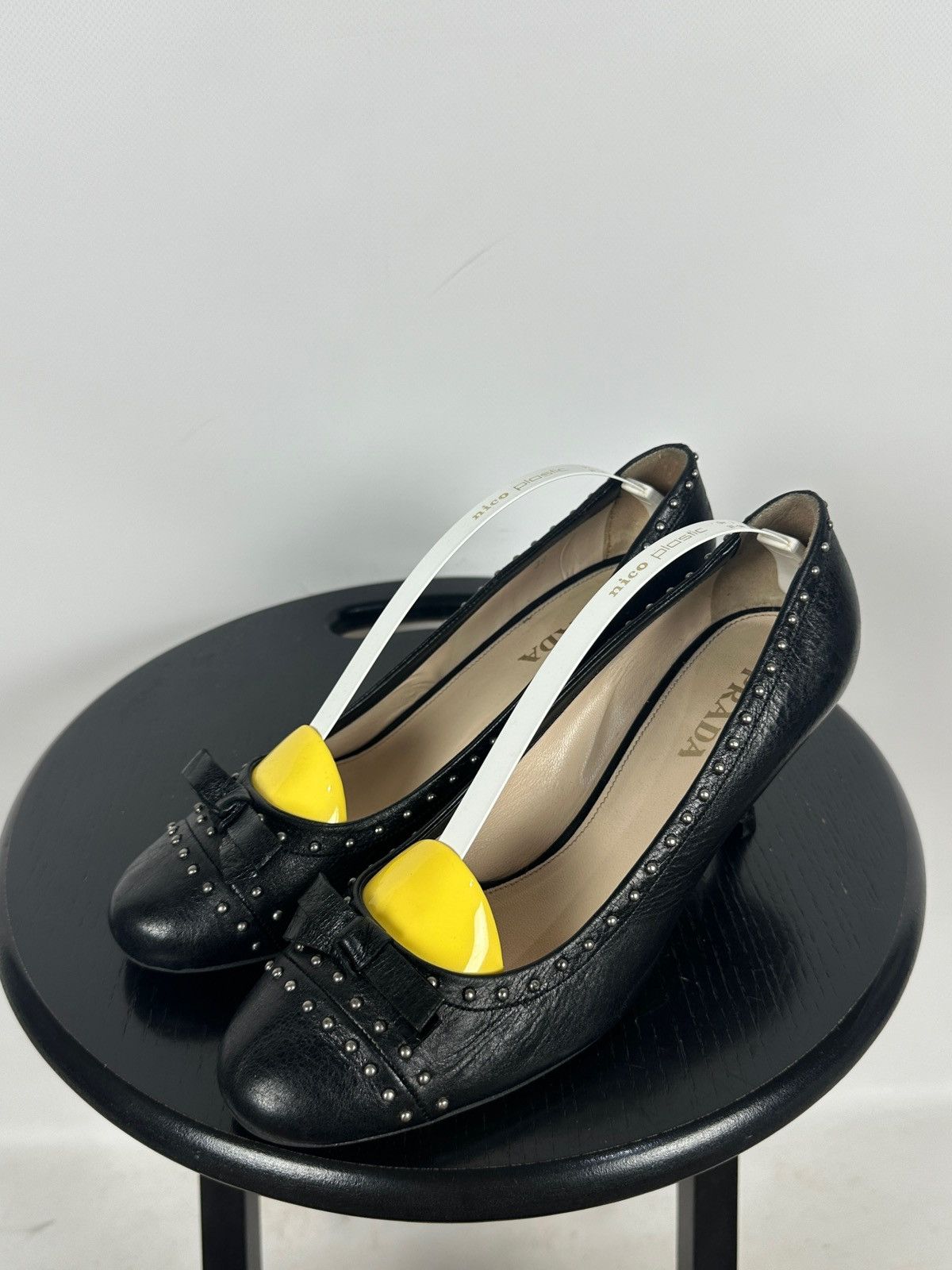 Prada Prada Black Leather Studded Bow Kitten Heels Pumps Size US 9 / IT 39 - 1 Thumbnail