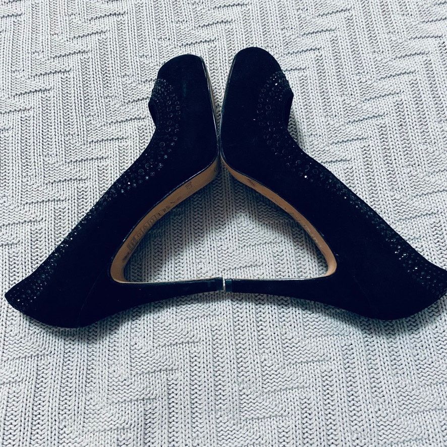 White House Black Market WHBM black suede rhinestone peep toe heels Size US 6.5 / IT 36.5 - 7 Thumbnail
