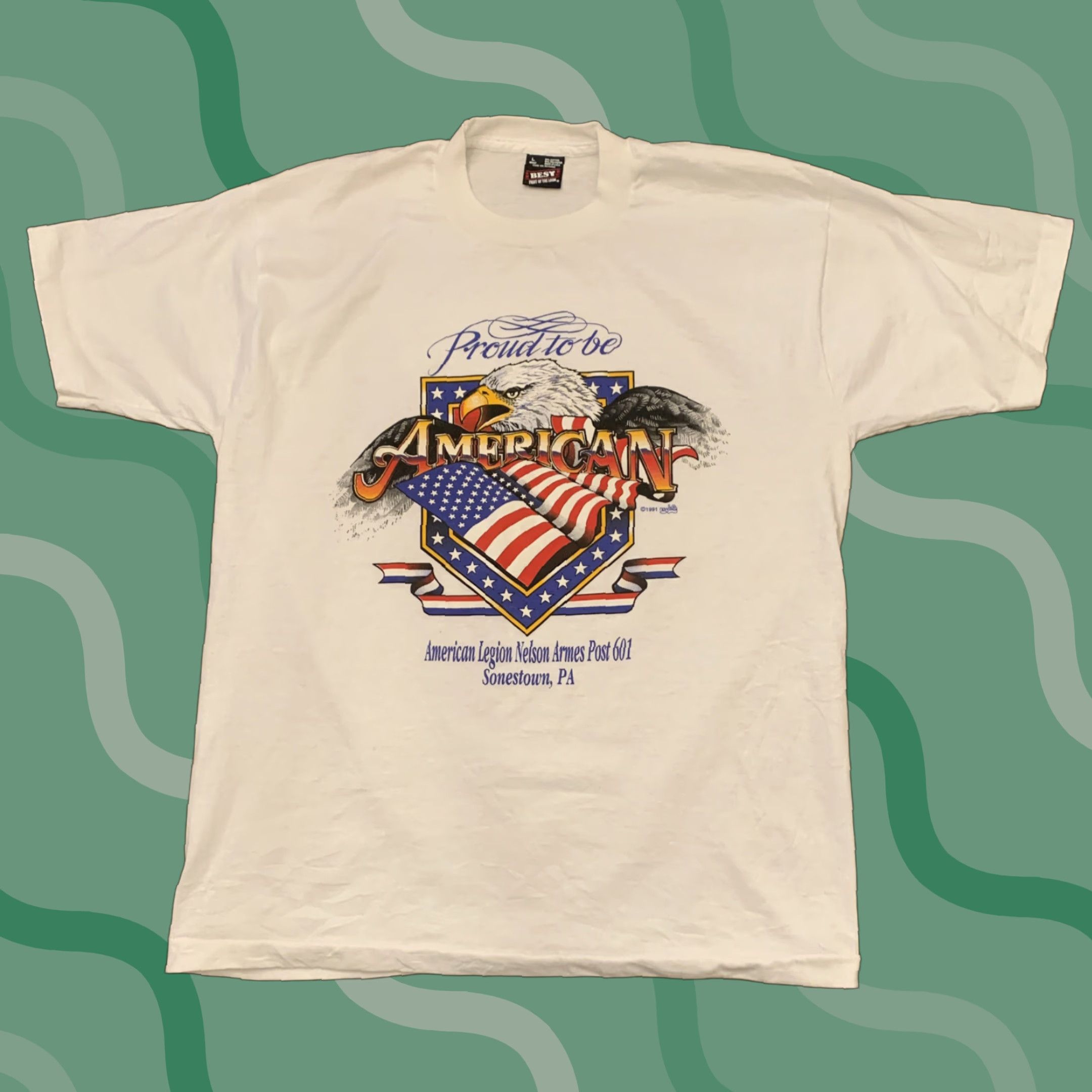 Vintage VINTAGE Proud to be an American American Legion Sonestown PA T Shirt Adult Large White 1991 Mens Size US L / EU 52-54 / 3 - 1 Thumbnail