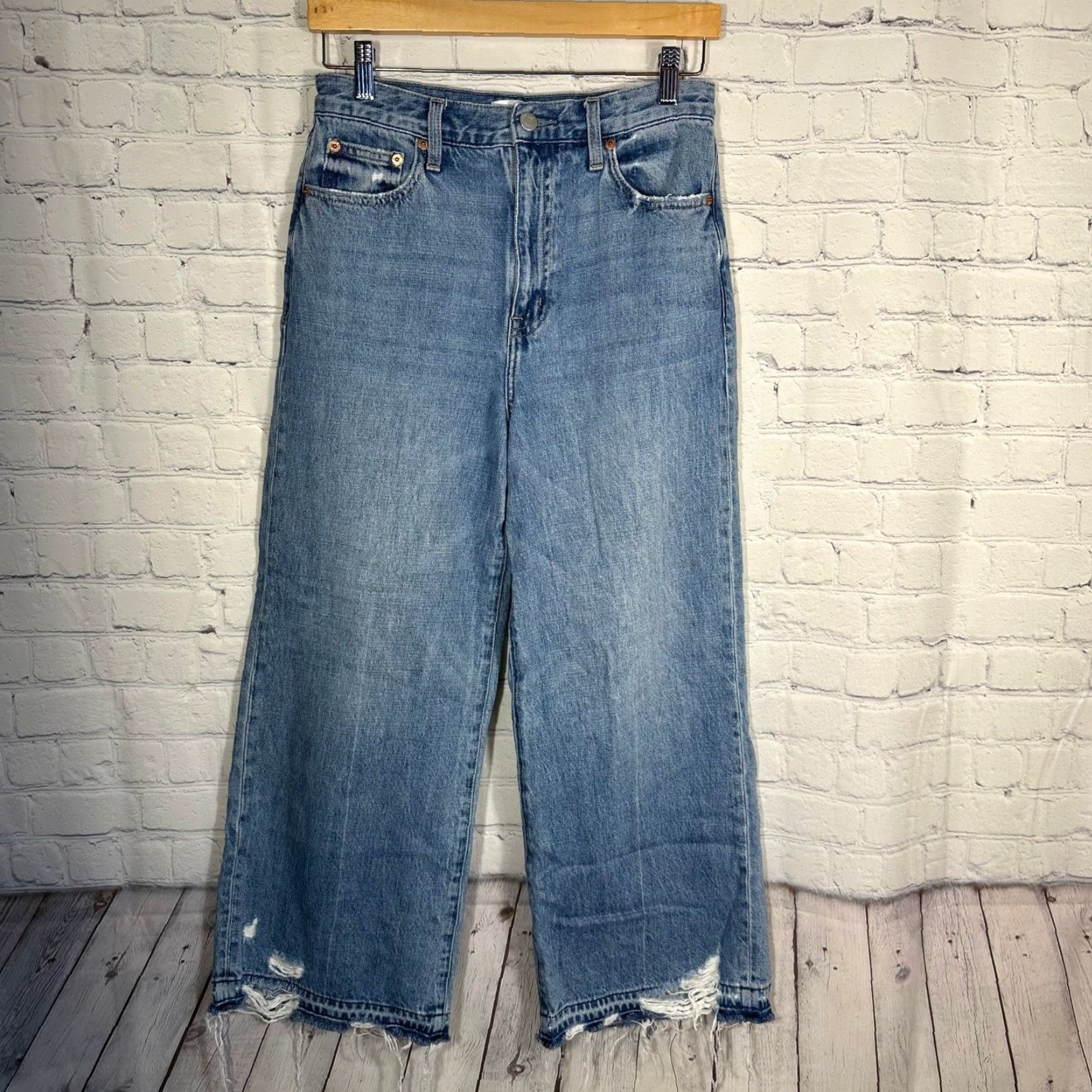 Pistola Pistola High Rise Wide-Leg Jeans Women's 27 Distressed Loretta P00016246KE Denim Blue 90s Grunge Button Zip Pocket 5-Pocket Rise >10.5 In Seamb 25 In Size 27" / US 4 / IT 40 - 2 Thumbnail