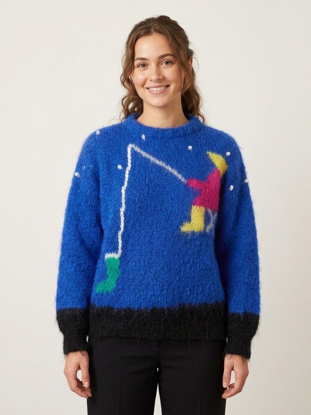 Vintage Vintage Handknit Blue Fishing Mohair Wool Sweater​ 🇬🇧 Size L / US 10 / IT 46 - 1 Thumbnail