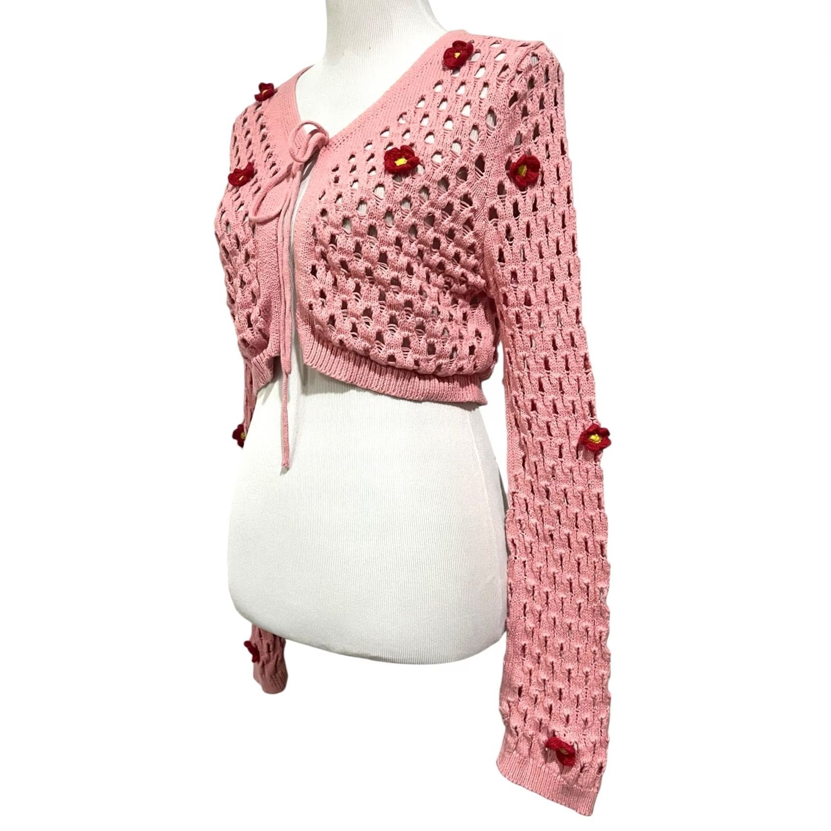 Changes VINTAGE Love Change Italy Shrug Crochet Sweater XL Tie Front Pink 3D Dimensional Flowers Size XL / US 12-14 / IT 48-50 - 2 Thumbnail