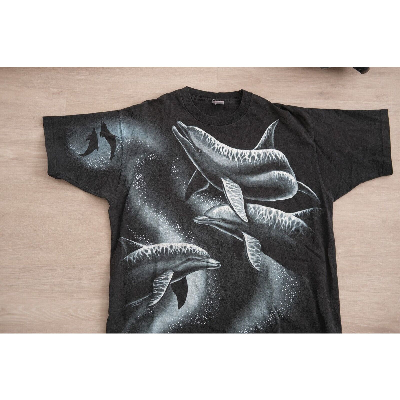 Fruit Of The Loom Vintage 90s Fruit Loom Dolphins AOP Art Tee XL Black Blue Size US XL / EU 56 / 4 - 8 Thumbnail
