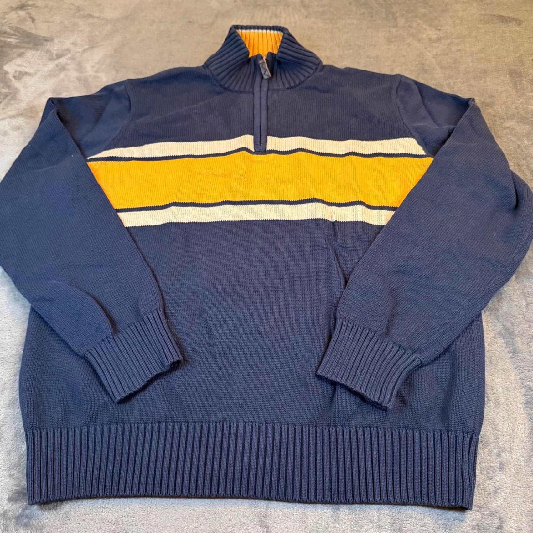 Eddie Bauer Eddie Bauer Mens Large Navy Blue Yellow Striped Quarter Zip Cotton Knit Sweater Size US L / EU 52-54 / 3 - 3 Thumbnail
