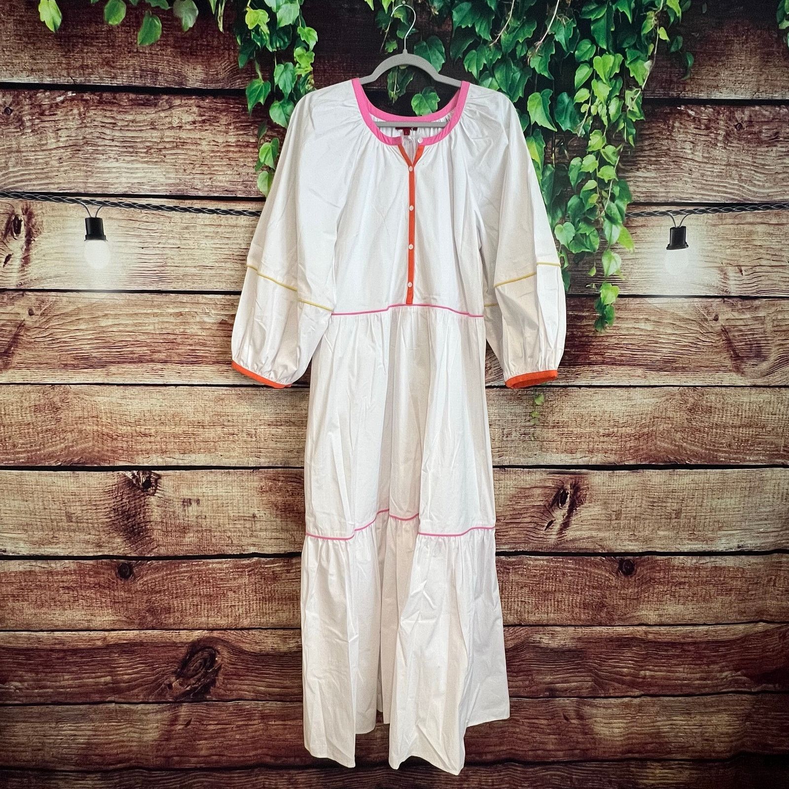 Staud STAUD Demi Dress Large White Poplin Rainbow Tiered Maxi Line Size L / US 10 / IT 46 - 2 Thumbnail
