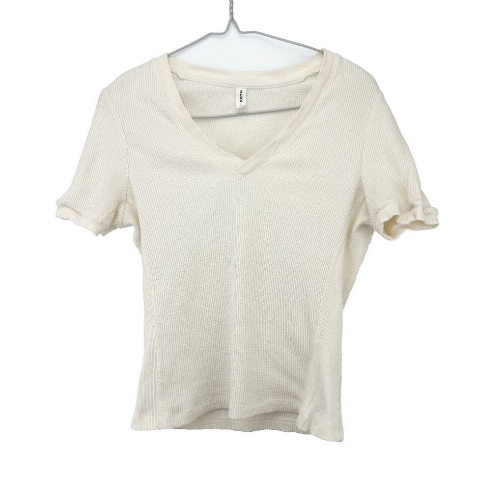 Kotn KOTN Ribbed Cream Contemporary White V-Neck T-shirt Size L Size L / US 10 / IT 46 - 4 Thumbnail