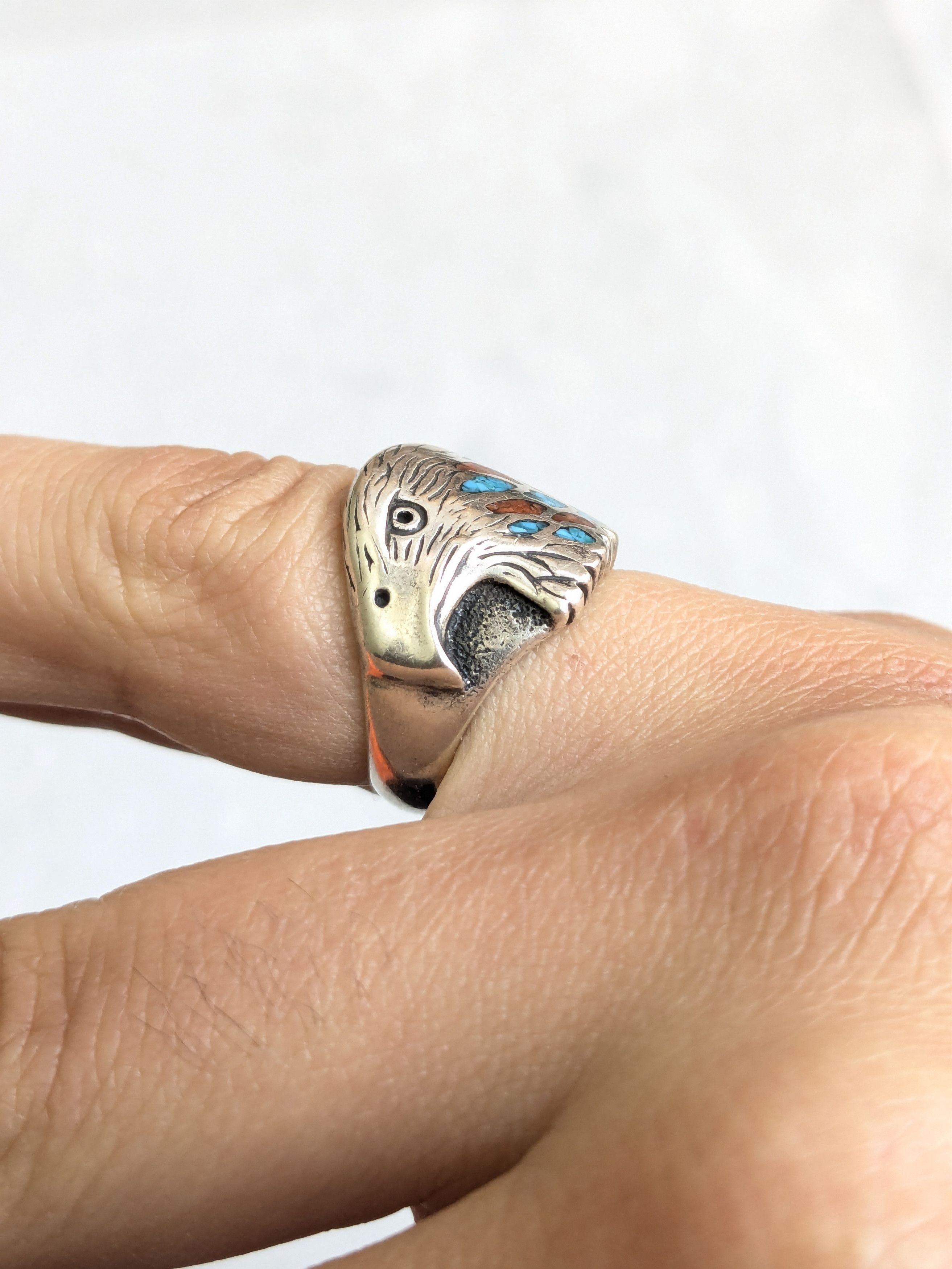 Jewelry Sterling Silver Ring Crushed Turquoise Coral 8 Eagle Native Size ONE SIZE - 13 Thumbnail