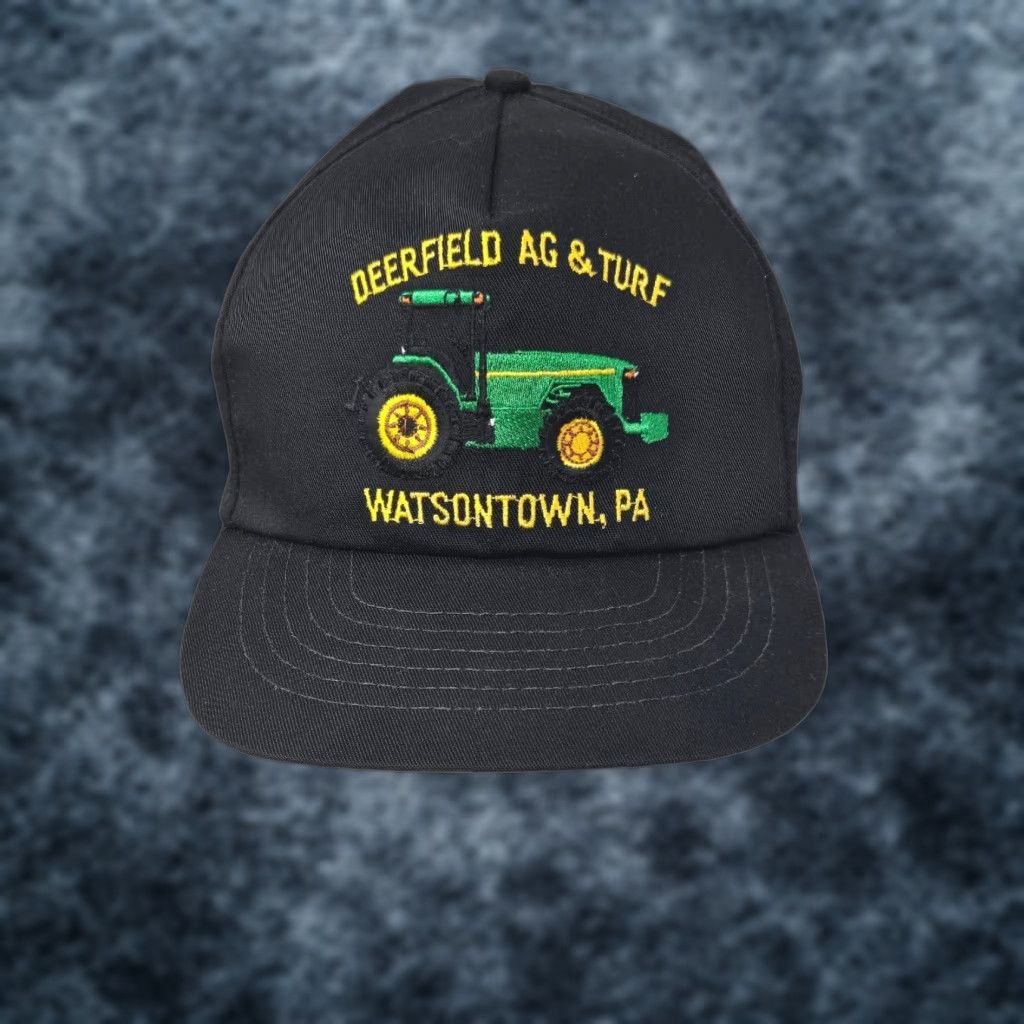 Vintage VINTAGE Deerfield AG & Turf Hat Cap Strap Back John Deere Tractor Black USA Made Size ONE SIZE - 1 Thumbnail
