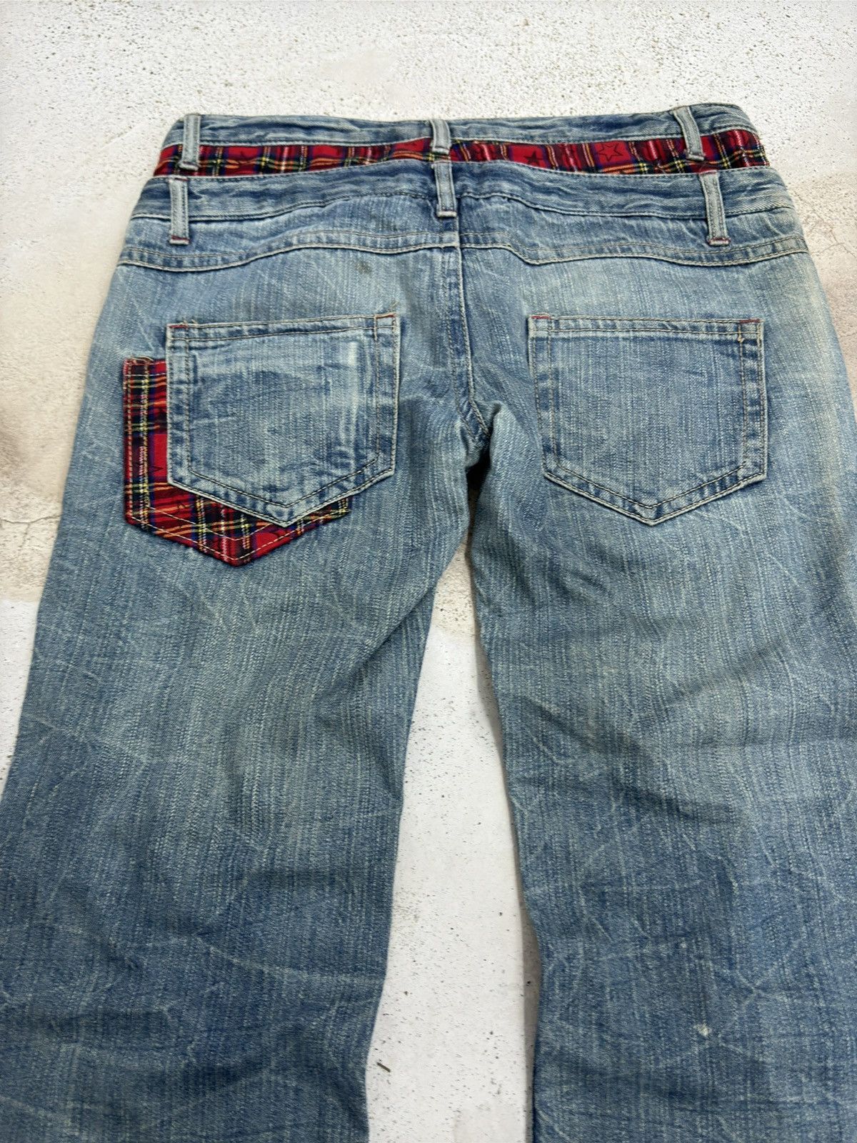 Japanese Brand Double Waist Distressed Denim Jeans Red Tartan Plaid Punk Size US 32 / EU 48 - 7 Thumbnail