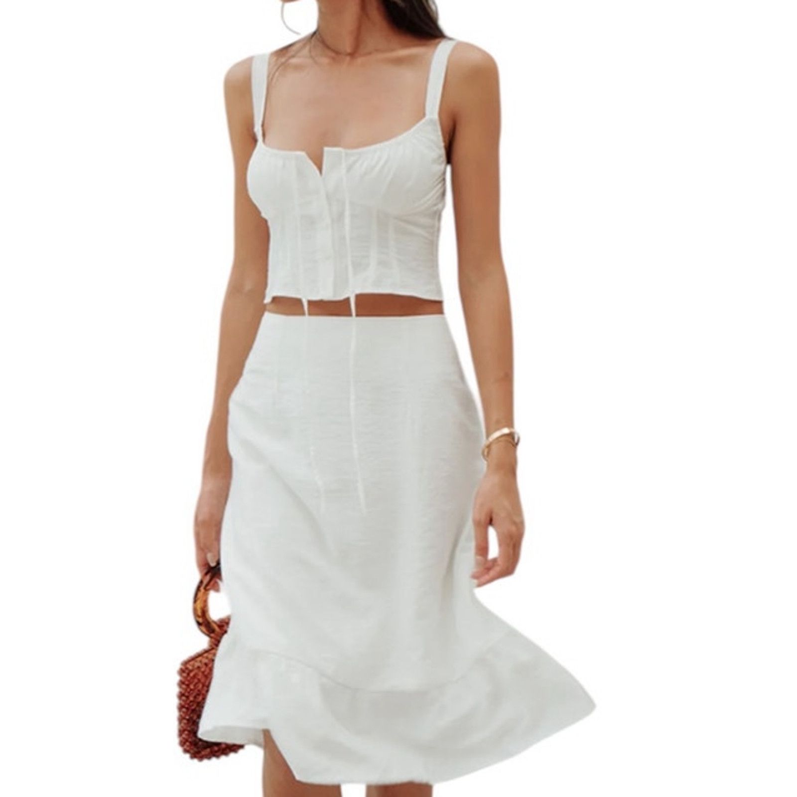 Other Commense White Cowgirl Corset Sleeveless Top Midi Skirt Set Size 29" - 5 Thumbnail