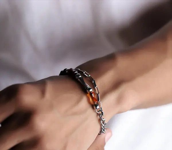 Jewelry Silver Chain Men's Bracelet with Brown Beads Size ONE SIZE - 3 Thumbnail