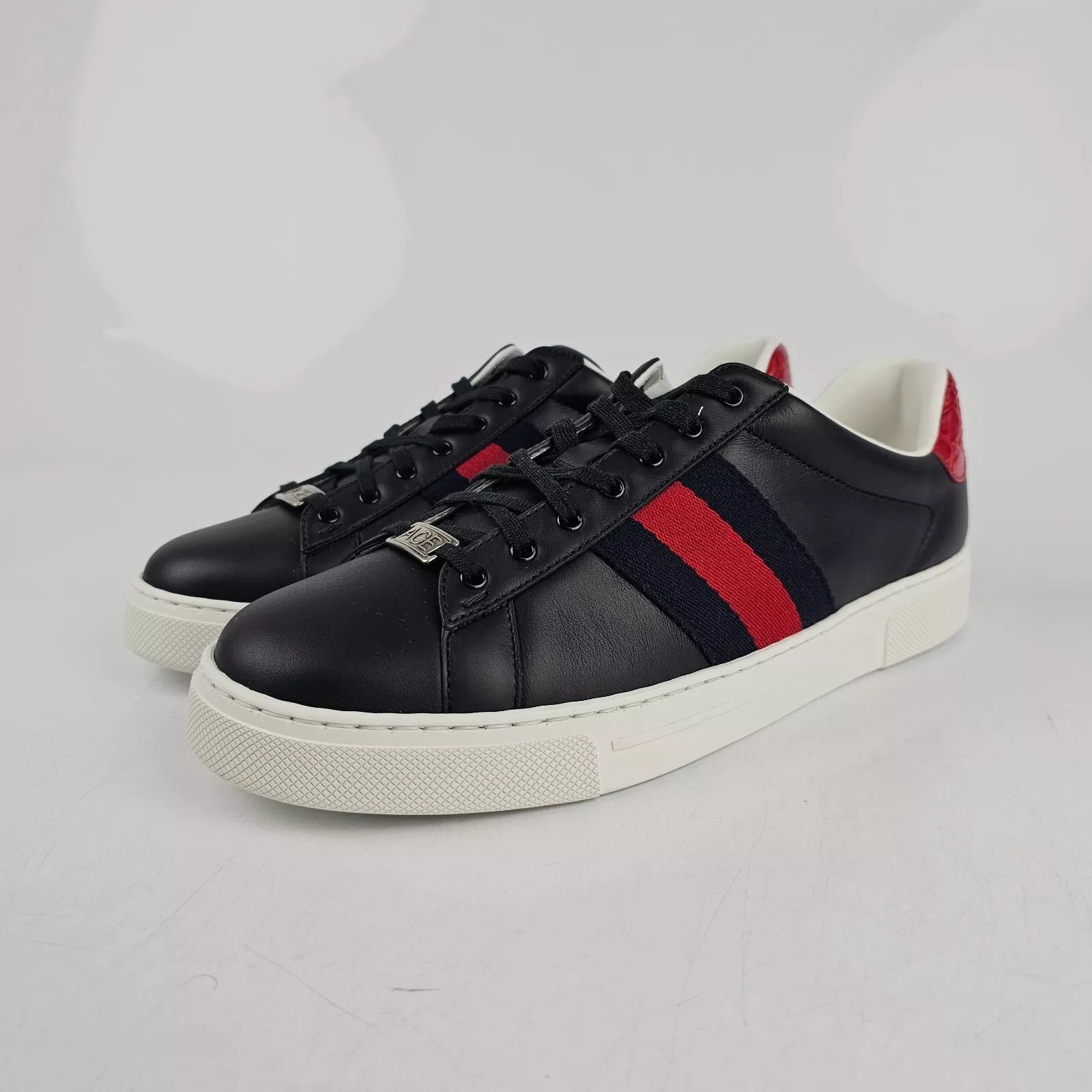 GUCCI Ace Men's Black/Red Leather Low Top Sneakers New