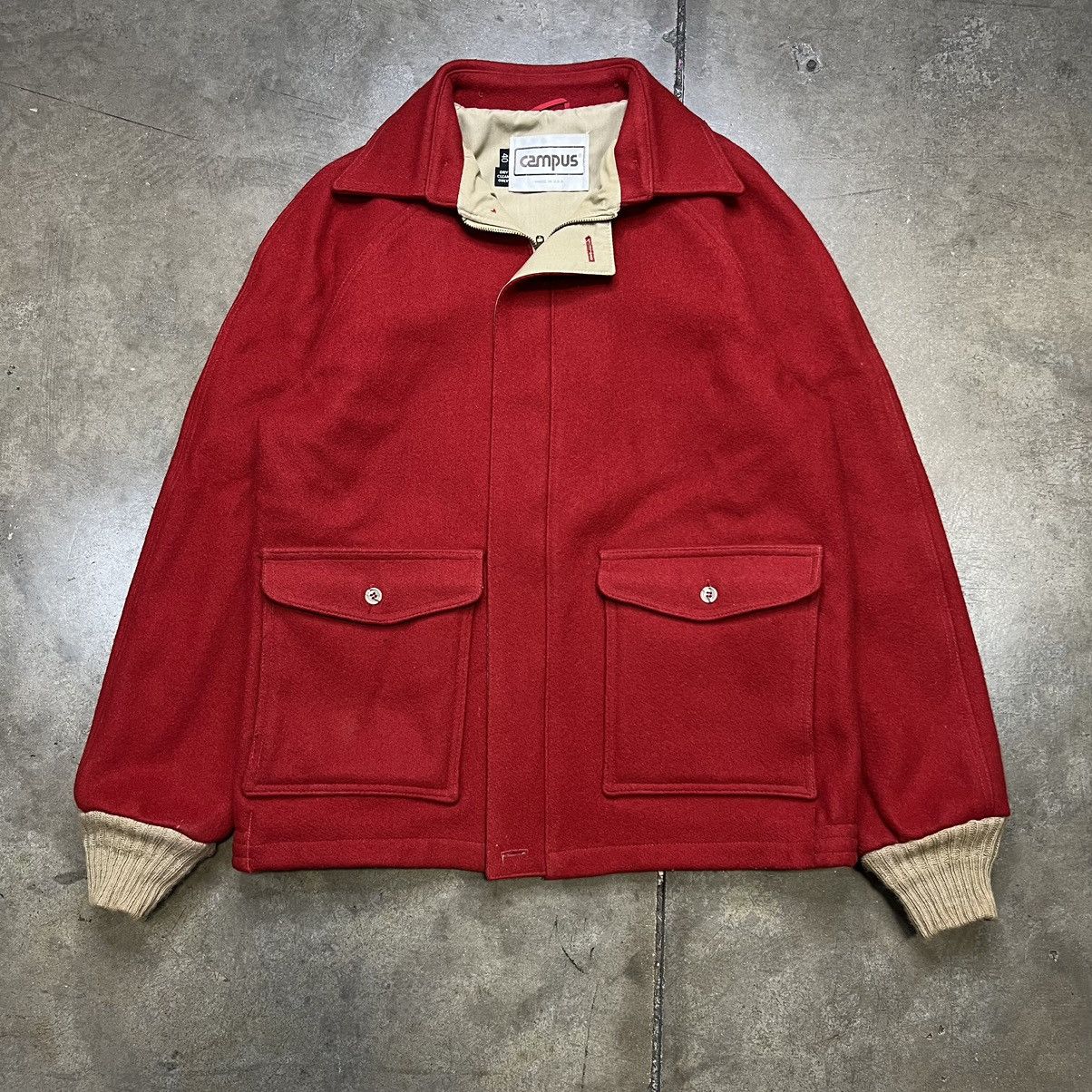 image of Made In USA x Vintage 70's Campus Wool Zip Up Jacket Cargo Utility Chore in Red, Men's (Size Large)