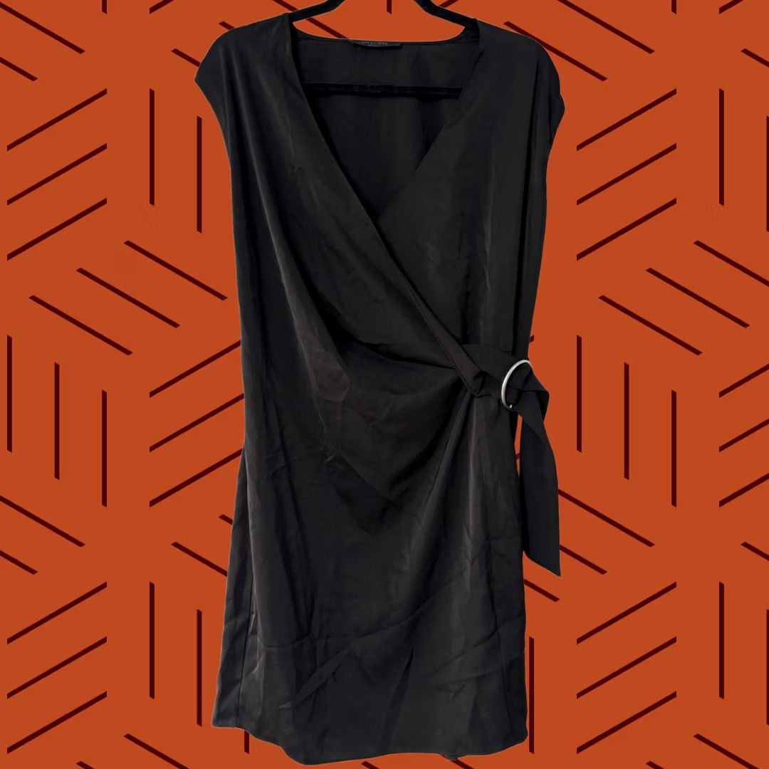 Allsaints ALLSAINTS Black Wrap Dress Solid Satin Knee Length M Women Sleeveless V-Neck Tie Casual Formal Menstrual? Size M / US 6-8 / IT 42-44 - 1 Thumbnail