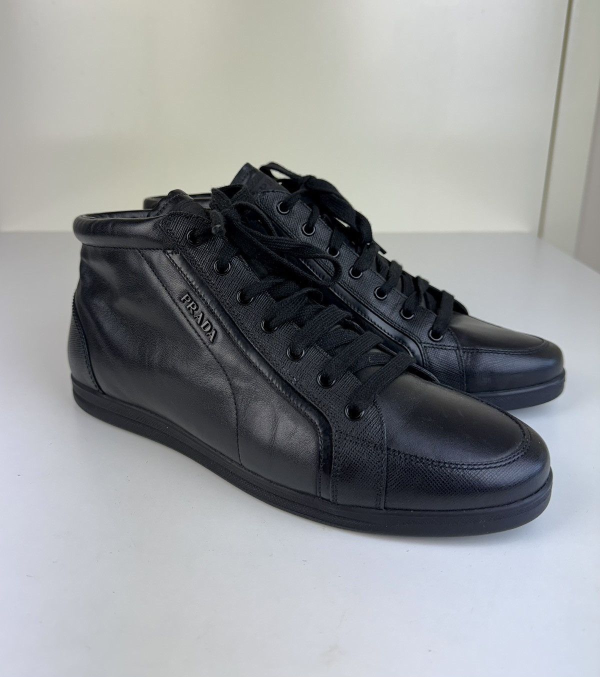 Prada Prada High Top Saffiano Leather Black Sneakers Trainers Boot Size US 10 / IT 40 - 1 Thumbnail