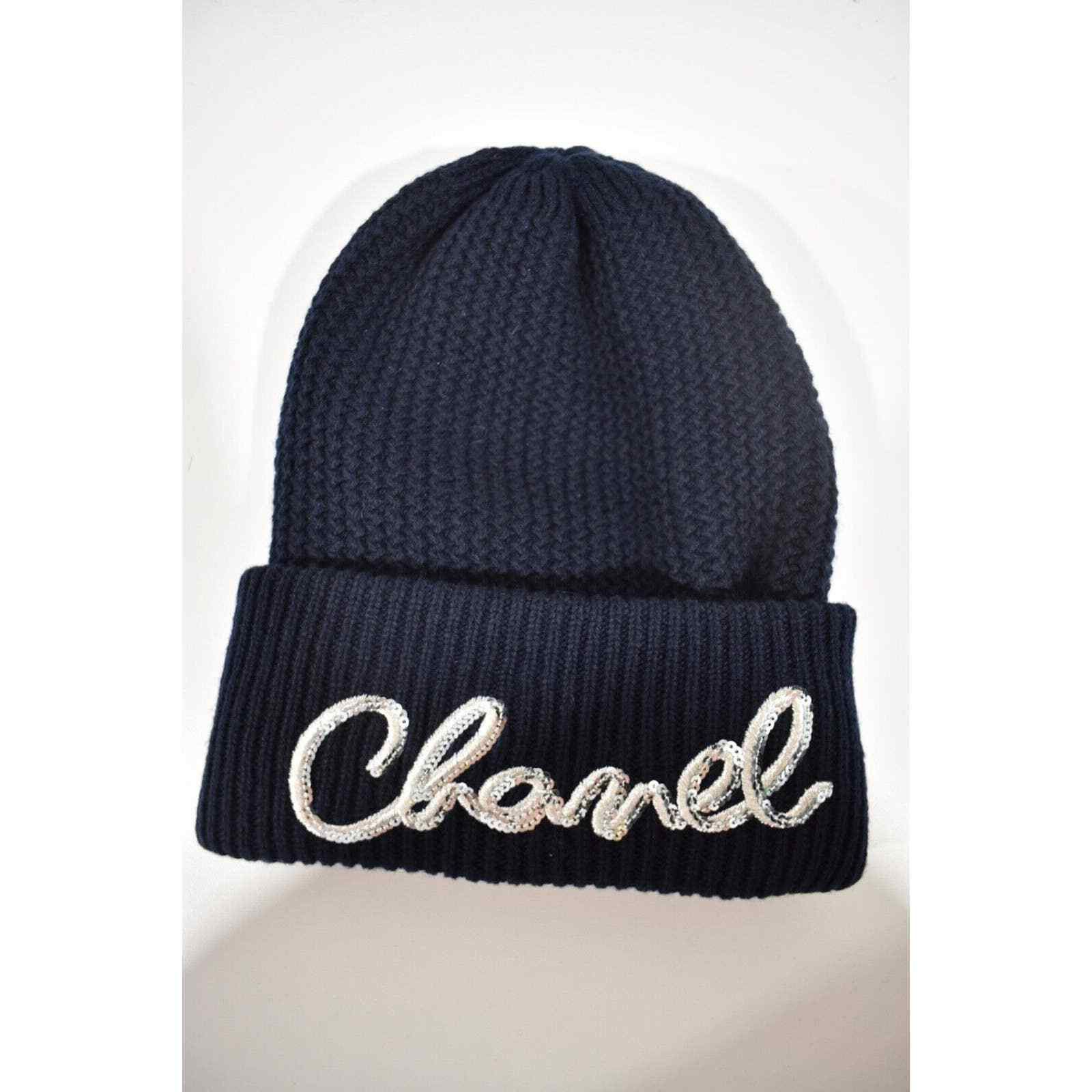 Chanel Cashmere Navy Blue Silver Sequin Beanie Winter Hat