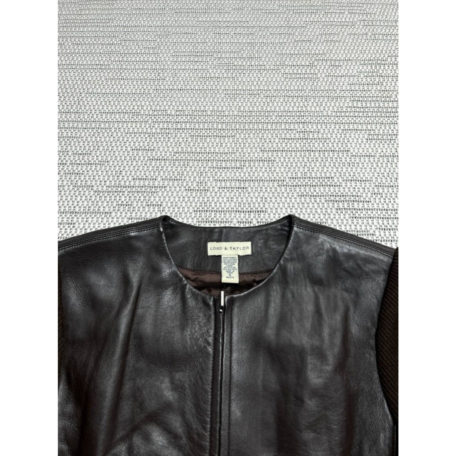 LORD & TAYLOR Leather Jacket Womens 6 Brown Wool Paneling Full Zip Round Neck Jacket