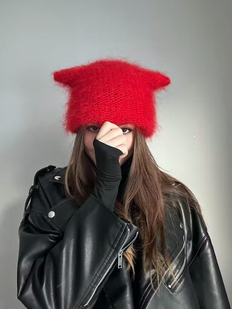 Japanese Brand Cat hat . Knitted handmade . Trend devil red hat Size ONE SIZE - 1 Thumbnail