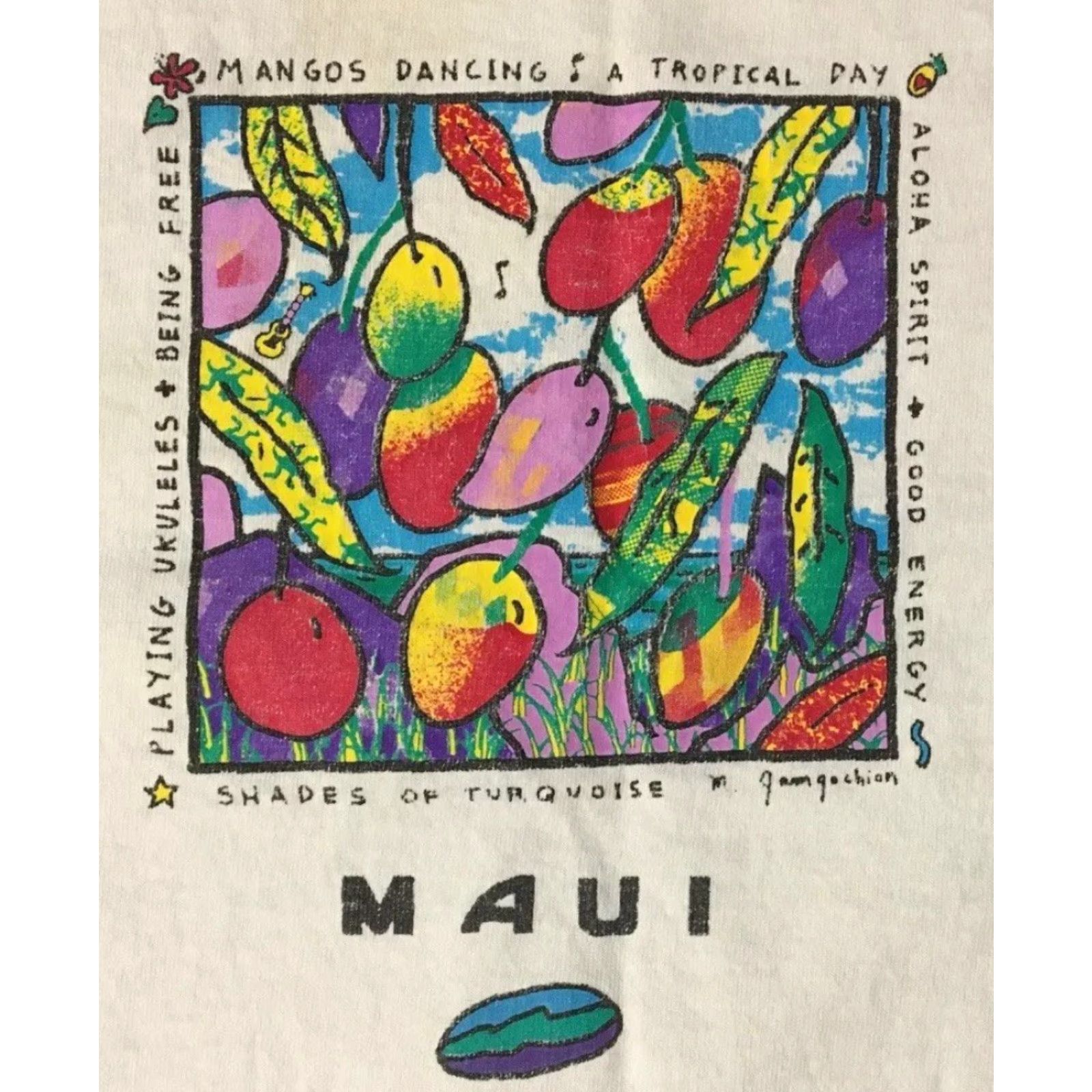 Vintage VINTAGE Maui Fruit Shirt Unisex Adults One Size White Distressed 90s Surf Hawaii Beach Cartoon Funny Shirt Mens/Womens Size US M / EU 48-50 / 2 - 4 Thumbnail