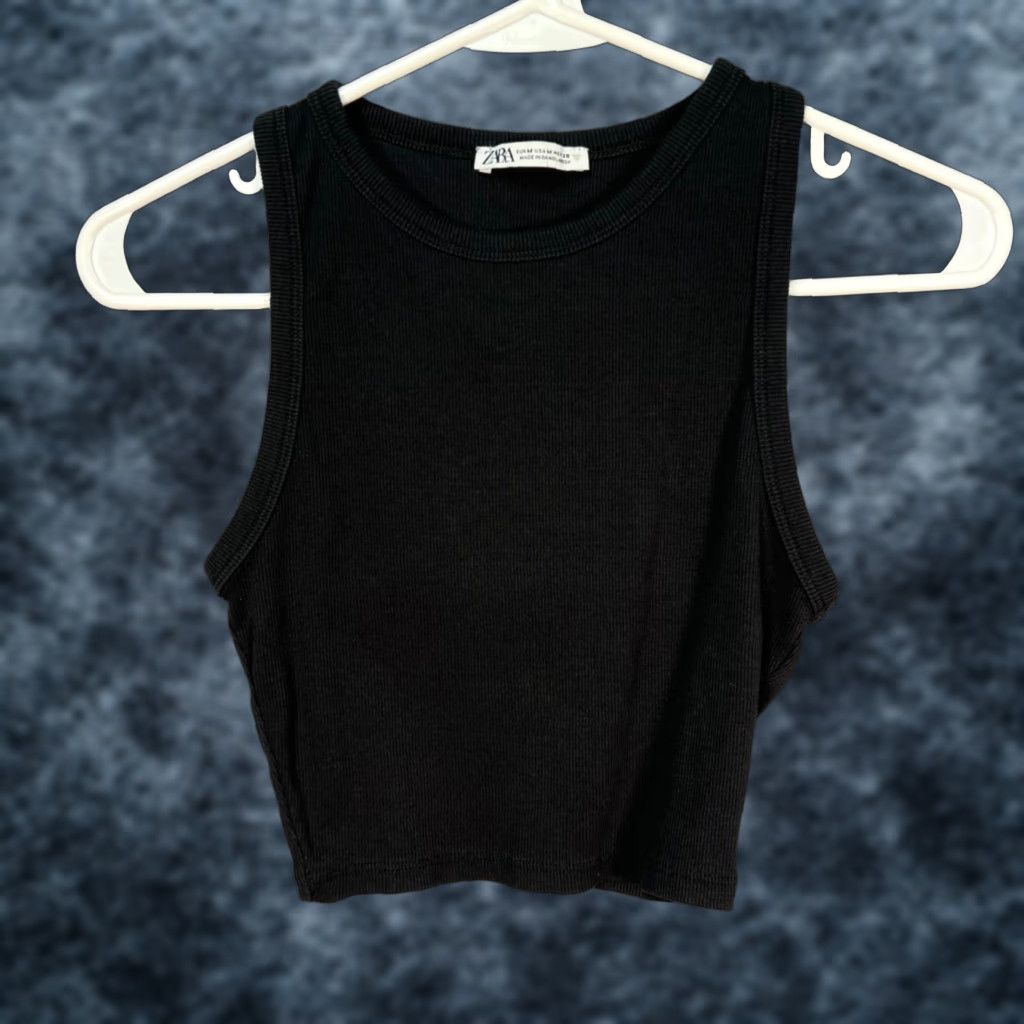 Zara Zara Tank Top Cropped Sleeveless Knit Cotton Elastane Black Cropped Tank Top Womens Medium M Sleeveless Casual Everyday Size M / US 6-8 / IT 42-44 - 1 Thumbnail