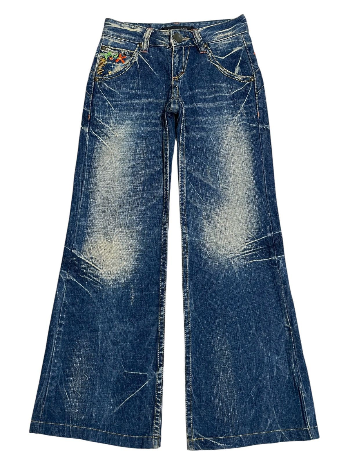 Designer Lolita Wide Leg Muddy Embroidery Studded Flare Denim Pants Size US 26 / EU 42 - 2 Thumbnail