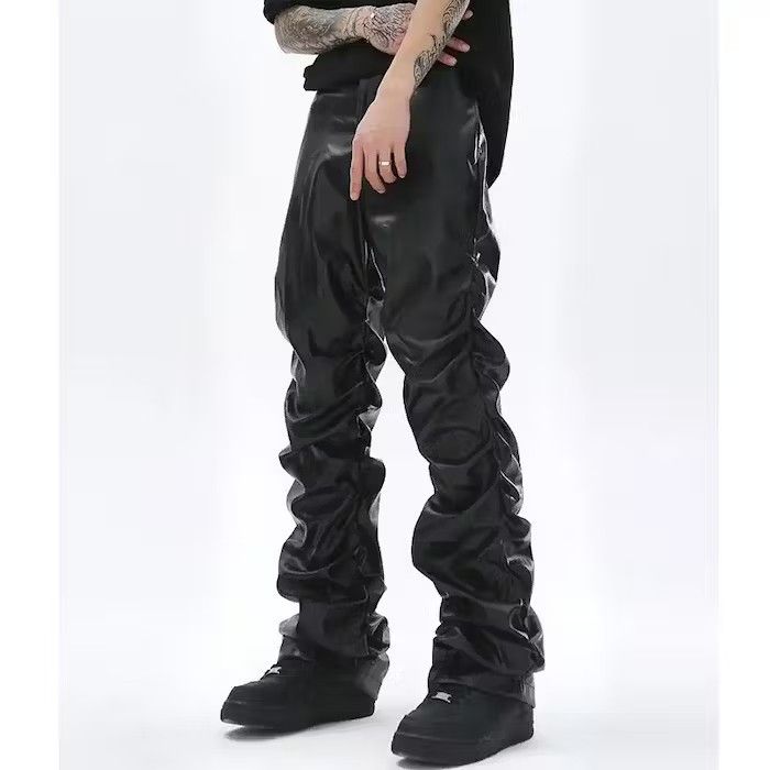 image of Pu Leather Ruched Casual Pant in Black, Men's (Size 34)