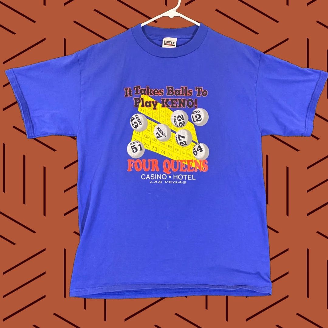 Tultex VINTAGE Four Queens Hotel Casino Shirt Men L Blue "Balls to Play Keno" Vegas Mens Large Cotton Tee 90s Logo Holiday? Size US L / EU 52-54 / 3 - 1 Thumbnail