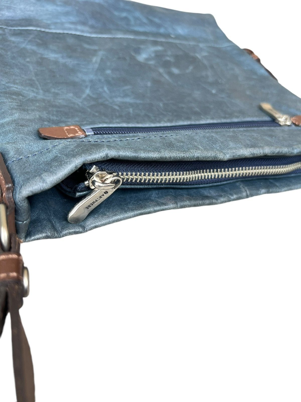 Japanese Brand Artphere Japan Distressed Faded Blue Leather Sling Bag Size ONE SIZE - 10 Thumbnail