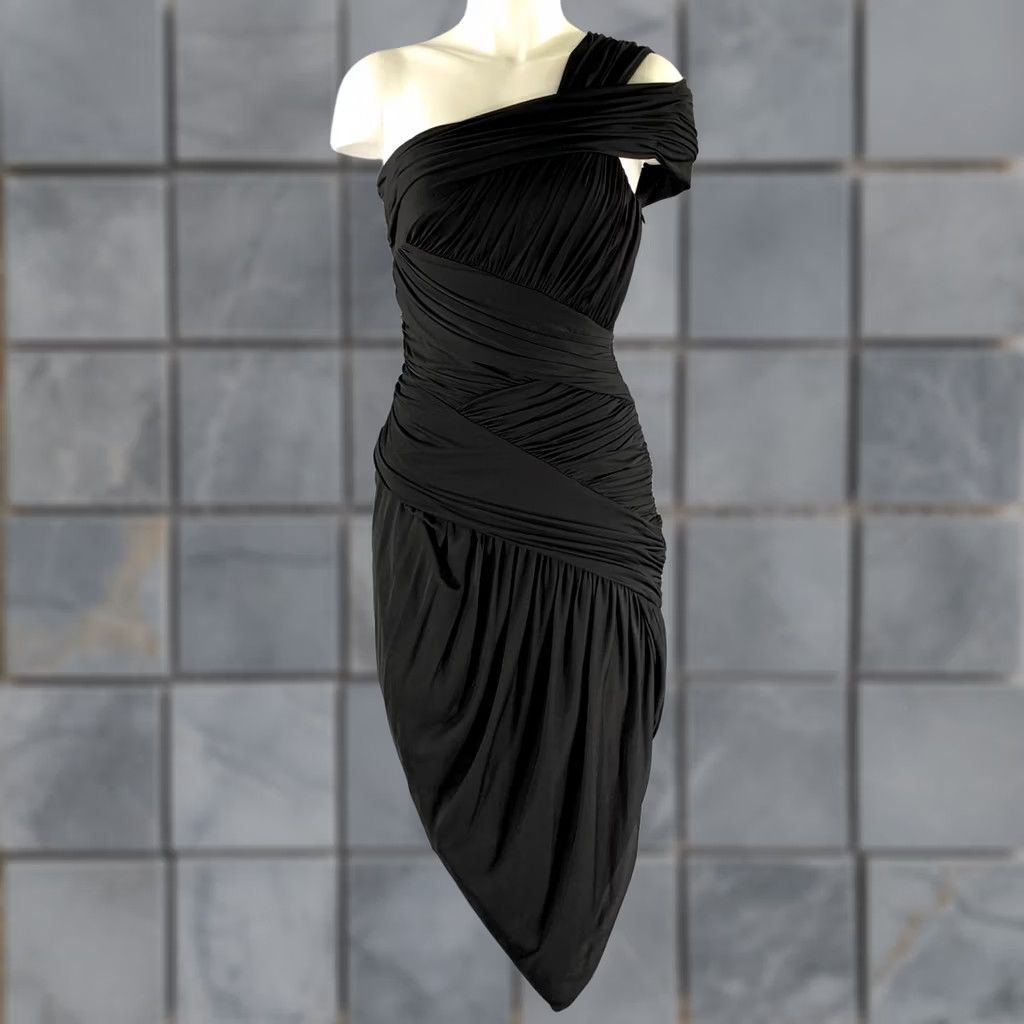 Halston HALSTON HERITAGE One Shoulder Cocktail Dress S Black Acetate Blend Draped Women Size S / US 4 / IT 40 - 1 Thumbnail