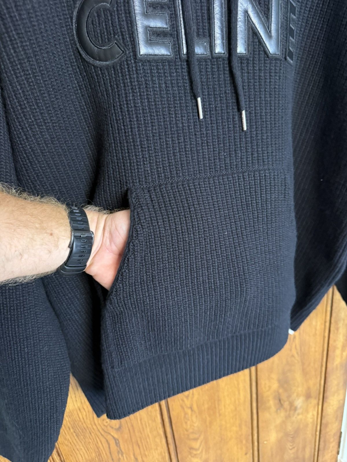 Celine $2k Celine hoodie sweater leather logo black wool Hedi S M Size US S / EU 44-46 / 1 - 15 Thumbnail