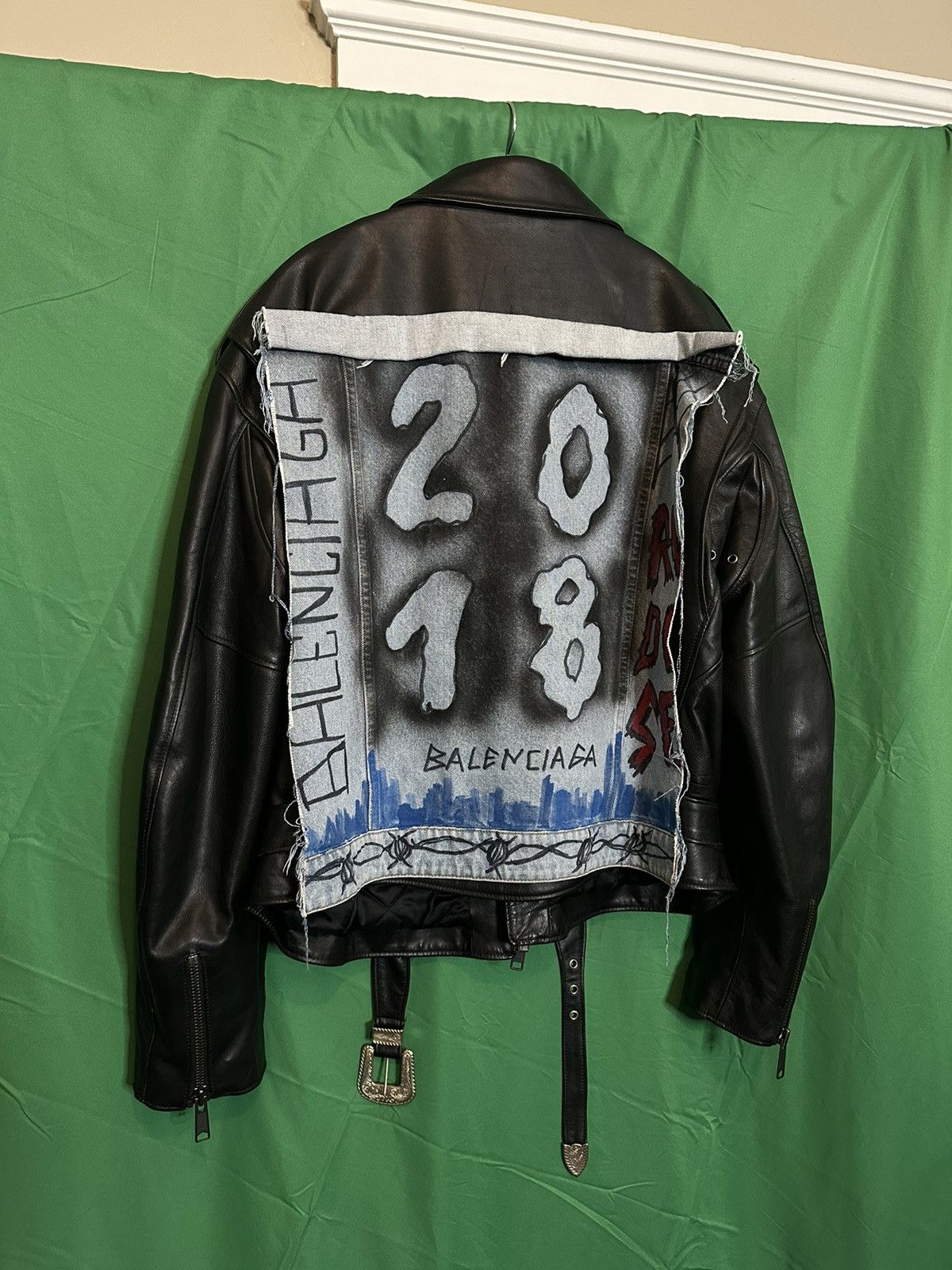 image of Balenciaga Leather Moto Jacket W/ Denim Graffiti Back Patch Fw18 Grail in Black, Men's (Size Medium