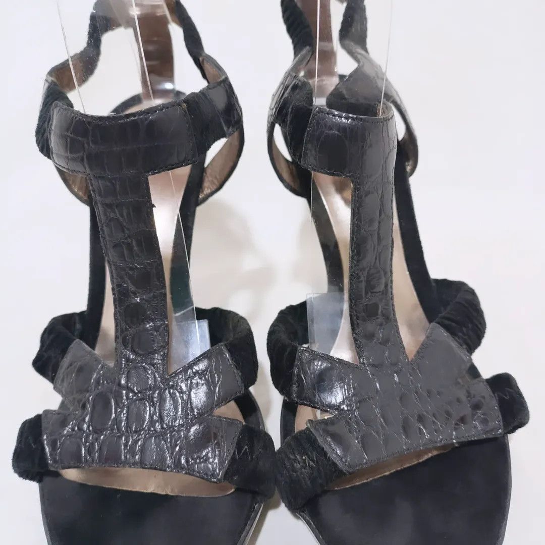 Bottega Veneta Bottega Veneta Black Croc Embossed Leather T-Strap Heels Size US 8.5 / IT 38.5 - 2 Thumbnail